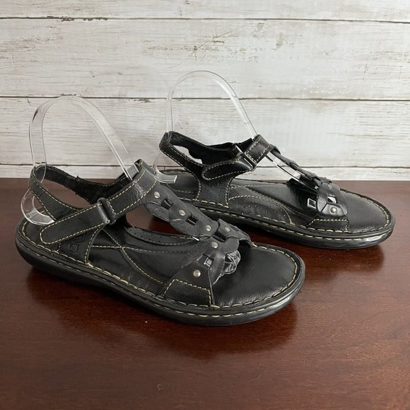 Born Women's Handcrafted Leather Footwear Sandals Hook & Loop Size 9 Black EUC - Picture 1 of 13
